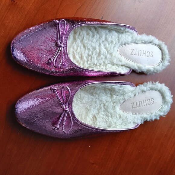 Pink Metallic Crinkle Cellophane Leather Ballet Mules - Picture 3 of 6